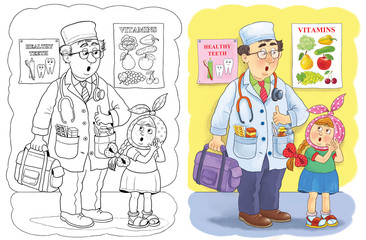 Professions. A doctor. Coloring page. Cute and funny cartoon characters. Illustration for children