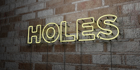 HOLES - Glowing Neon Sign on stonework wall - 3D rendered royalty free stock illustration.  Can be used for online banner ads and direct mailers..