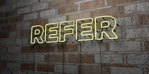 REFER - Glowing Neon Sign on stonework wall - 3D rendered royalty free stock illustration.  Can be used for online banner ads and direct mailers..