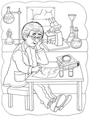 Professions. Coloring page. A cute scientist. Illustration for children