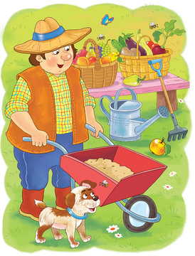 Professions. Coloring page. A farmer. Cute and funny cartoon characters. Illustration for children