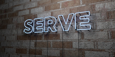 SERVE - Glowing Neon Sign on stonework wall - 3D rendered royalty free stock illustration.  Can be used for online banner ads and direct mailers..