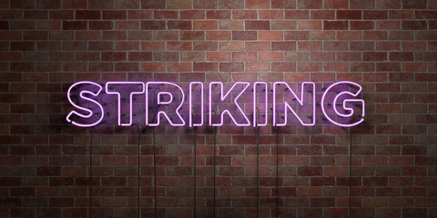STRIKING - fluorescent Neon tube Sign on brickwork - Front view - 3D rendered royalty free stock picture. Can be used for online banner ads and direct mailers..