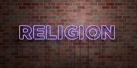 RELIGION - fluorescent Neon tube Sign on brickwork - Front view - 3D rendered royalty free stock picture. Can be used for online banner ads and direct mailers..