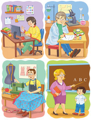 Professions. Coloring page. Cute programmer, scientist, tailor and teacher. Illustration for children