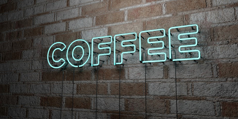 COFFEE - Glowing Neon Sign on stonework wall - 3D rendered royalty free stock illustration.  Can be used for online banner ads and direct mailers..