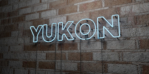 YUKON - Glowing Neon Sign on stonework wall - 3D rendered royalty free stock illustration.  Can be used for online banner ads and direct mailers..