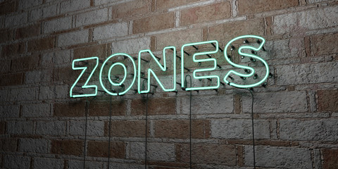 ZONES - Glowing Neon Sign on stonework wall - 3D rendered royalty free stock illustration.  Can be used for online banner ads and direct mailers..