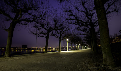 Rheinpromenade und Theodor-Heuss-Brücke in Mainz bei Nacht