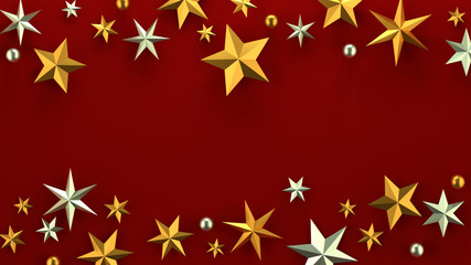 Fototapeta na wymiar Christmas background with golden and silver stars on red