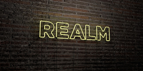 REALM -Realistic Neon Sign on Brick Wall background - 3D rendered royalty free stock image. Can be used for online banner ads and direct mailers..