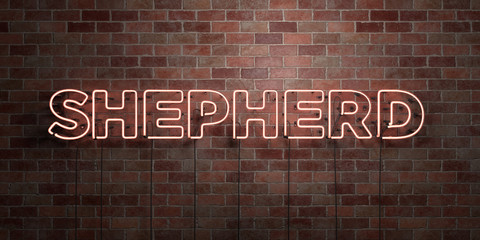 SHEPHERD - fluorescent Neon tube Sign on brickwork - Front view - 3D rendered royalty free stock picture. Can be used for online banner ads and direct mailers..