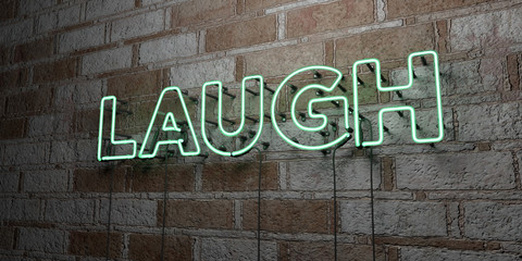 Fototapeta premium LAUGH - Glowing Neon Sign on stonework wall - 3D rendered royalty free stock illustration. Can be used for online banner ads and direct mailers..