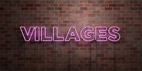 VILLAGES - fluorescent Neon tube Sign on brickwork - Front view - 3D rendered royalty free stock picture. Can be used for online banner ads and direct mailers..