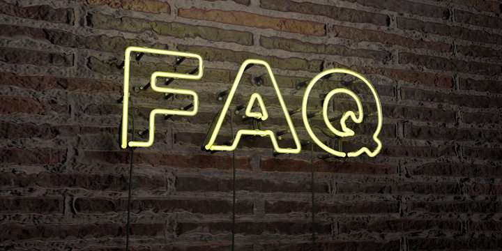 FAQ -Realistic Neon Sign on Brick Wall background - 3D rendered royalty free stock image. Can be used for online banner ads and direct mailers..