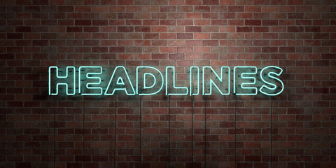 HEADLINES - fluorescent Neon tube Sign on brickwork - Front view - 3D rendered royalty free stock picture. Can be used for online banner ads and direct mailers..