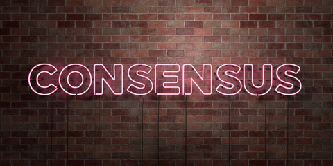 CONSENSUS - fluorescent Neon tube Sign on brickwork - Front view - 3D rendered royalty free stock picture. Can be used for online banner ads and direct mailers..