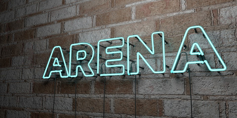 ARENA - Glowing Neon Sign on stonework wall - 3D rendered royalty free stock illustration.  Can be used for online banner ads and direct mailers..
