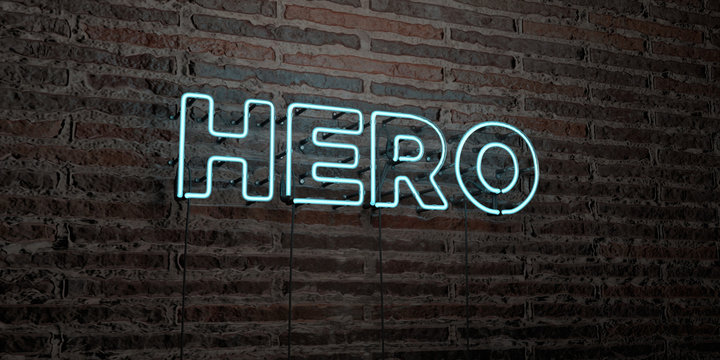 HERO -Realistic Neon Sign on Brick Wall background - 3D rendered royalty free stock image. Can be used for online banner ads and direct mailers..