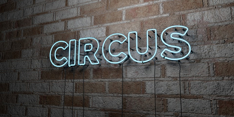 CIRCUS - Glowing Neon Sign on stonework wall - 3D rendered royalty free stock illustration.  Can be used for online banner ads and direct mailers..