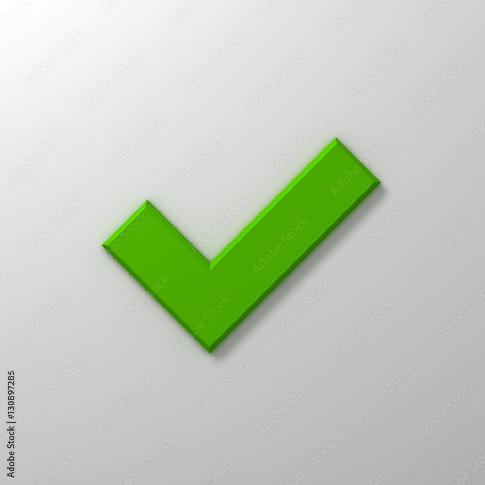 Poster green check mark or tick abstract on white wall background with shadow 3d rendering