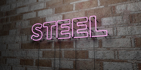 STEEL - Glowing Neon Sign on stonework wall - 3D rendered royalty free stock illustration.  Can be used for online banner ads and direct mailers..