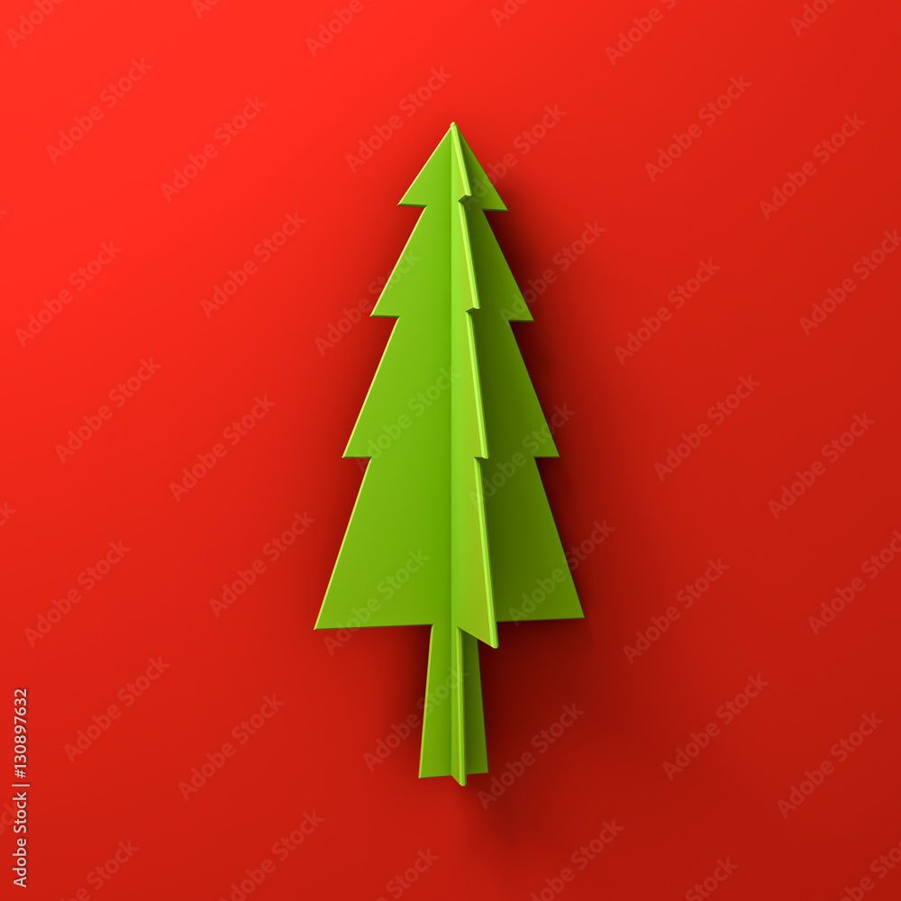 Aufkleber green christmas tree on red background for christmas decoration with shadow 3d rendering