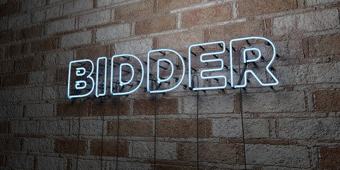 BIDDER - Glowing Neon Sign on stonework wall - 3D rendered royalty free stock illustration.  Can be used for online banner ads and direct mailers..