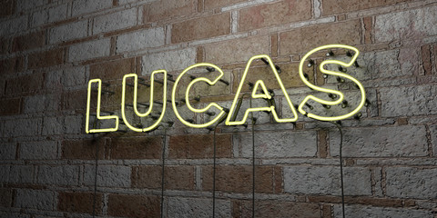 LUCAS - Glowing Neon Sign on stonework wall - 3D rendered royalty free stock illustration.  Can be used for online banner ads and direct mailers..
