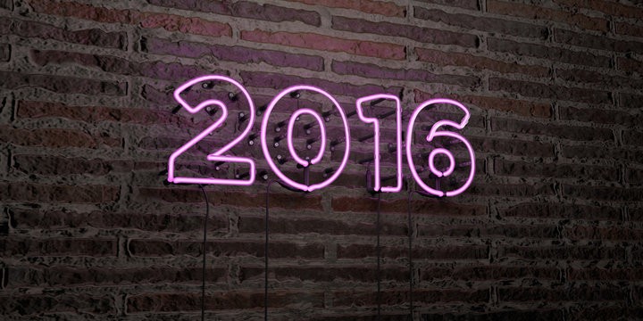 2016 -Realistic Neon Sign on Brick Wall background - 3D rendered royalty free stock image. Can be used for online banner ads and direct mailers..