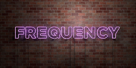 FREQUENCY - fluorescent Neon tube Sign on brickwork - Front view - 3D rendered royalty free stock picture. Can be used for online banner ads and direct mailers..
