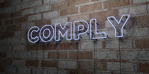 COMPLY - Glowing Neon Sign on stonework wall - 3D rendered royalty free stock illustration.  Can be used for online banner ads and direct mailers..