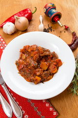 Traditional Hungarian Gulash with beef, paprika, onion and chili