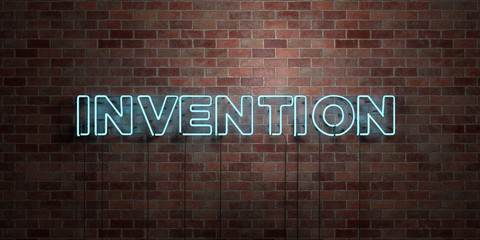 INVENTION - fluorescent Neon tube Sign on brickwork - Front view - 3D rendered royalty free stock picture. Can be used for online banner ads and direct mailers..