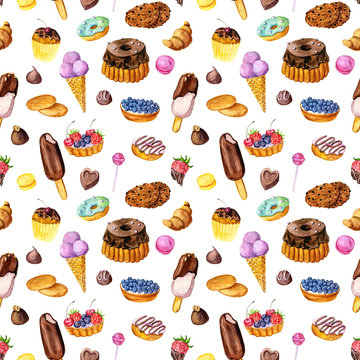 seamless pattern with watercolor ice cream, bakery and candies