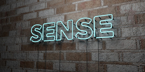 SENSE - Glowing Neon Sign on stonework wall - 3D rendered royalty free stock illustration.  Can be used for online banner ads and direct mailers..