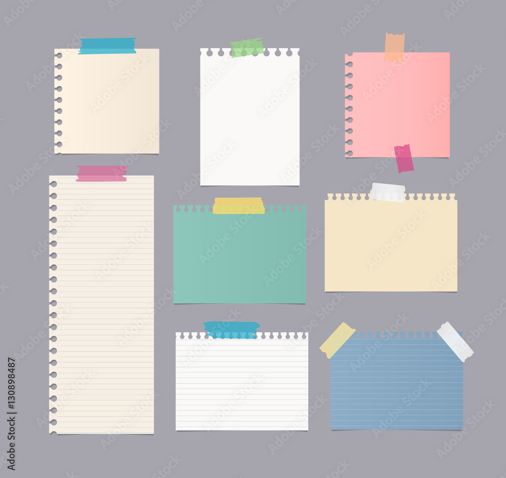 Poster pieces of different size colorful note, notebook, copybook paper sheets stuck with sticky tape on gr