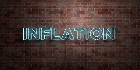 INFLATION - fluorescent Neon tube Sign on brickwork - Front view - 3D rendered royalty free stock picture. Can be used for online banner ads and direct mailers..