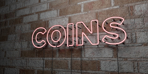 COINS - Glowing Neon Sign on stonework wall - 3D rendered royalty free stock illustration.  Can be used for online banner ads and direct mailers..
