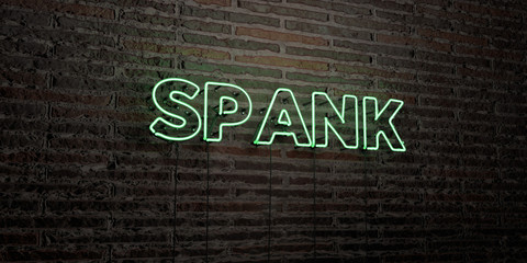 SPANK -Realistic Neon Sign on Brick Wall background - 3D rendered royalty free stock image. Can be used for online banner ads and direct mailers..