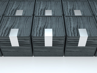 Black Square wooden boxes with silver stickers on white. 3d rendering