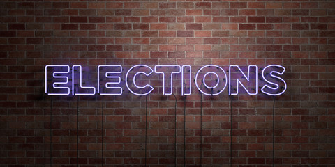 ELECTIONS - fluorescent Neon tube Sign on brickwork - Front view - 3D rendered royalty free stock picture. Can be used for online banner ads and direct mailers..