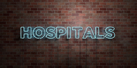 HOSPITALS - fluorescent Neon tube Sign on brickwork - Front view - 3D rendered royalty free stock picture. Can be used for online banner ads and direct mailers..