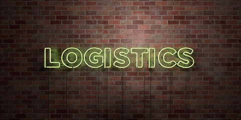 LOGISTICS - fluorescent Neon tube Sign on brickwork - Front view - 3D rendered royalty free stock picture. Can be used for online banner ads and direct mailers..