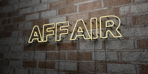 AFFAIR - Glowing Neon Sign on stonework wall - 3D rendered royalty free stock illustration.  Can be used for online banner ads and direct mailers..