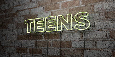 TEENS - Glowing Neon Sign on stonework wall - 3D rendered royalty free stock illustration.  Can be used for online banner ads and direct mailers..