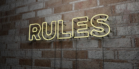 RULES - Glowing Neon Sign on stonework wall - 3D rendered royalty free stock illustration.  Can be used for online banner ads and direct mailers..