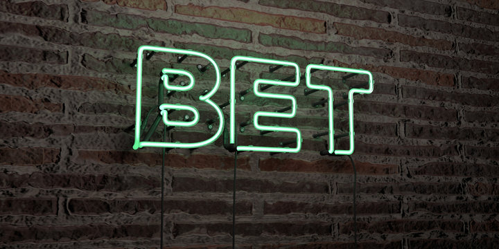 BET -Realistic Neon Sign on Brick Wall background - 3D rendered royalty free stock image. Can be used for online banner ads and direct mailers..