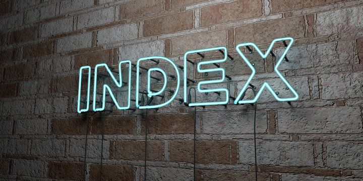 INDEX - Glowing Neon Sign on stonework wall - 3D rendered royalty free stock illustration.  Can be used for online banner ads and direct mailers..