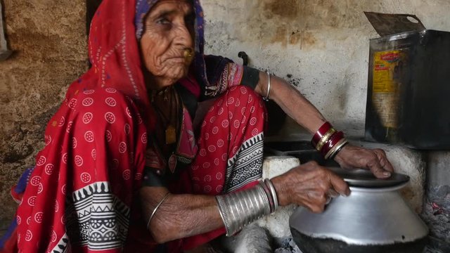 Old Indian Woman Preparing Milk in Jodhpur, India